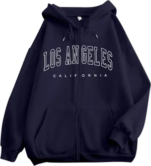 Women's Oversized Hoodies Zip up LOS ANGELES Printed Preppy Pullover Y2K Fleece Jackets 2024 Fall Outwear