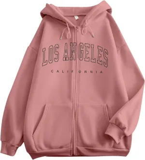 Women's Oversized Hoodies Zip up LOS ANGELES Printed Preppy Pullover Y2K Fleece Jackets 2024 Fall Outwear