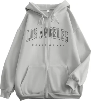 Women's Oversized Hoodies Zip up LOS ANGELES Printed Preppy Pullover Y2K Fleece Jackets 2024 Fall Outwear
