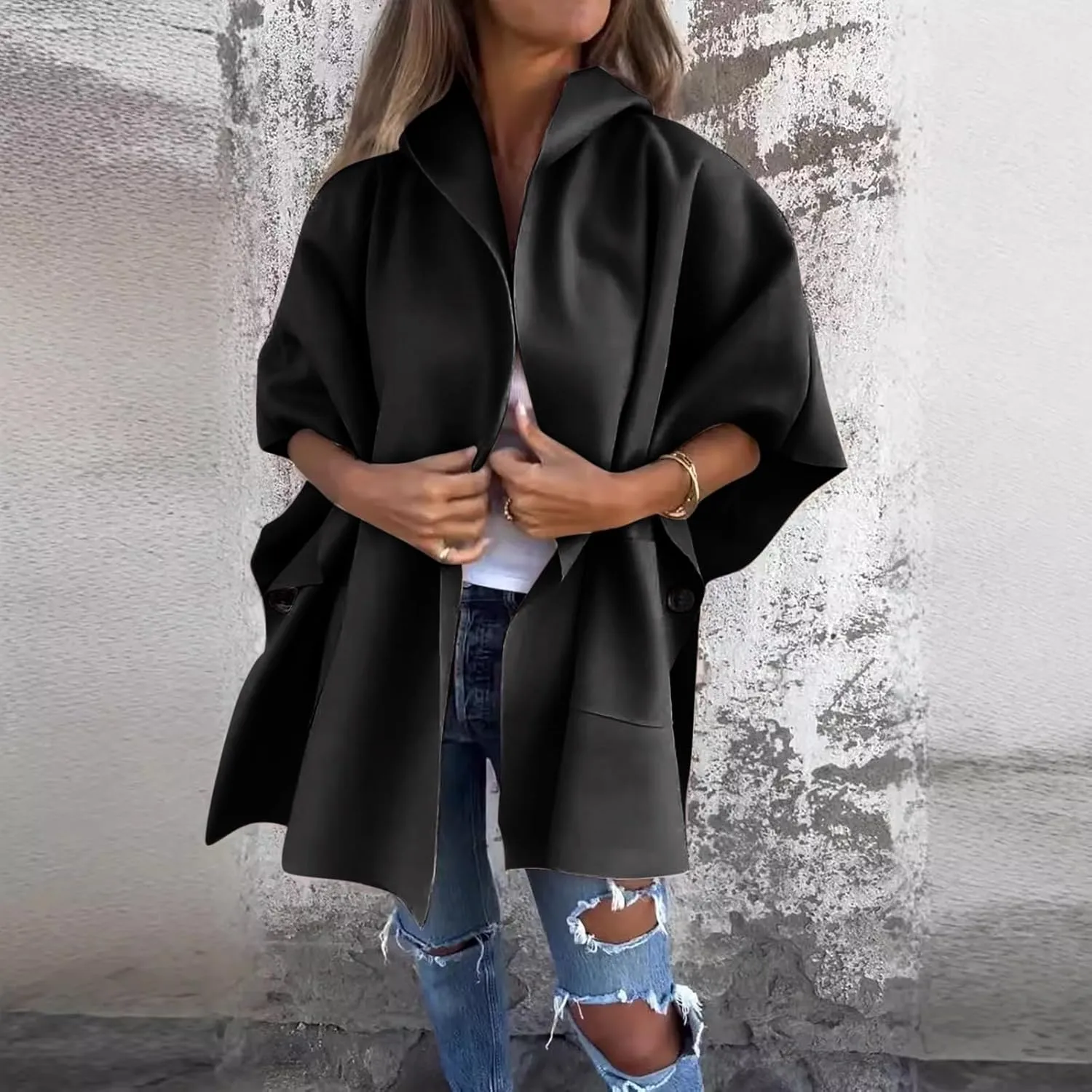 Womens Oversized Trench Coat Fall Winter Trendy Loose 3/4 Sleeve One Button Open Fron Long Cardigan Fleece Warm Coat