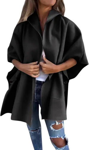 Womens Oversized Trench Coat Fall Winter Trendy Loose 3/4 Sleeve One Button Open Fron Long Cardigan Fleece Warm Coat