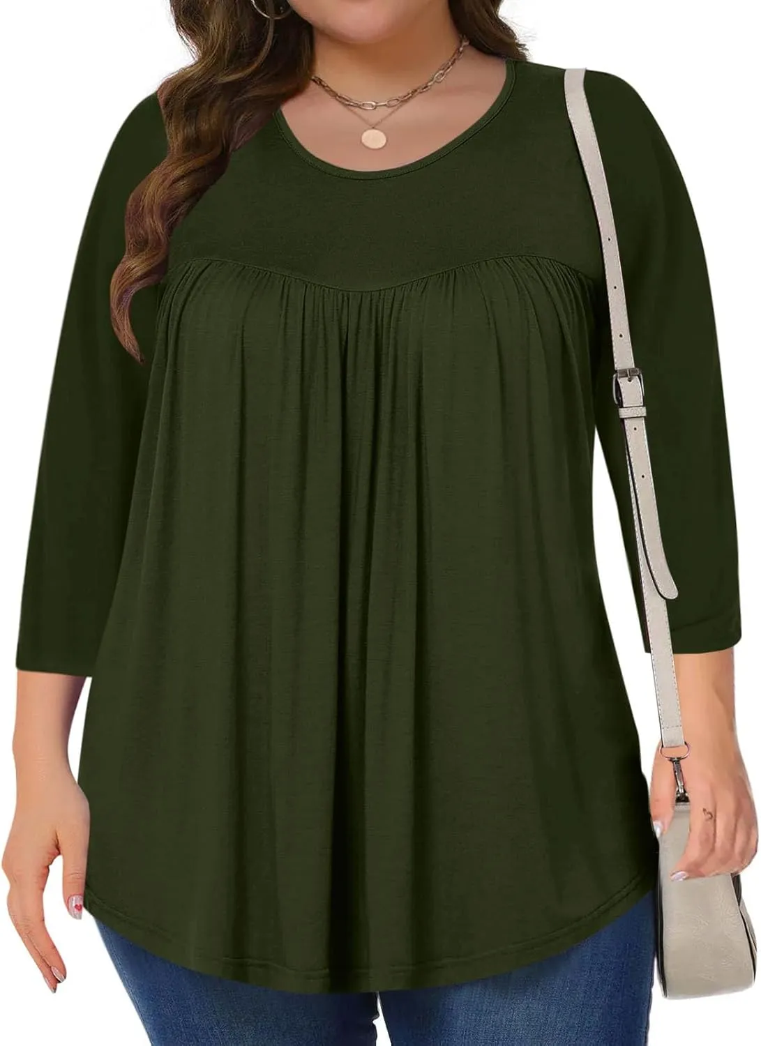 Womens Oversized Tunic Tops Summer 3/4 Sleeve Crewnek Flowy T Shirts Hide Belly Pleated Soft Comfy Casual Tee Blouses