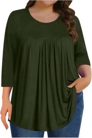 Womens Oversized Tunic Tops Summer 3/4 Sleeve Crewnek Flowy T Shirts Hide Belly Pleated Soft Comfy Casual Tee Blouses