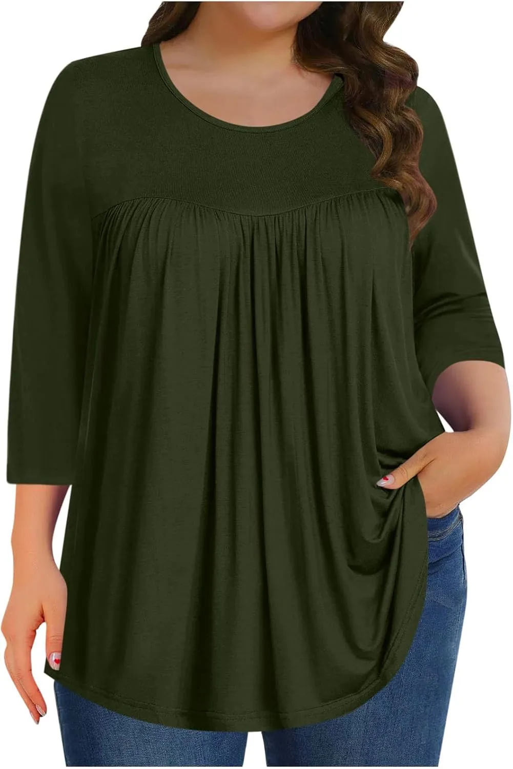 Womens Oversized Tunic Tops Summer 3/4 Sleeve Crewnek Flowy T Shirts Hide Belly Pleated Soft Comfy Casual Tee Blouses