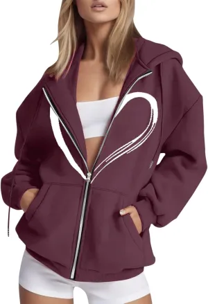 Womens Oversized Zip Up Hoodie, Women Casual Zip Up Hooded Sweatshirts Jacket Trendy Y2k Hoodie with Pocket 08-Wine,Large