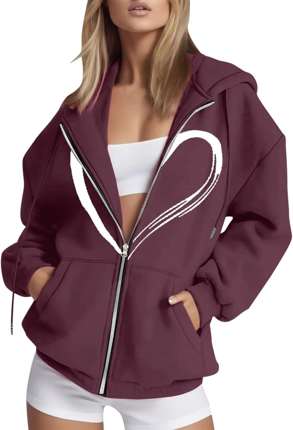Womens Oversized Zip Up Hoodie, Women Casual Zip Up Hooded Sweatshirts Jacket Trendy Y2k Hoodie with Pocket 08-Wine,Large