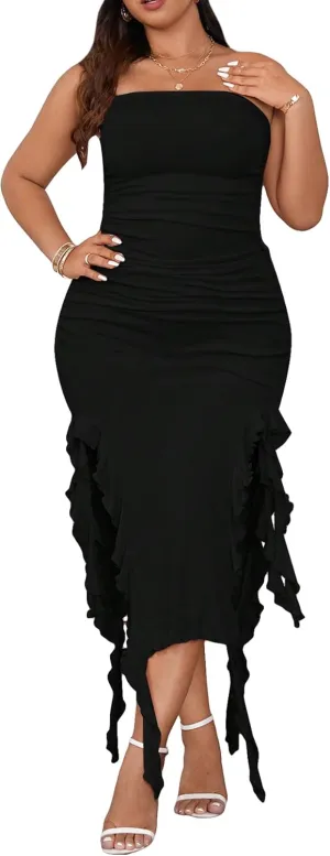 Women's Plus Size Sleeveless Ruffle Trim Ruched Dress Strapless Asymmetrical Hem Slim Fit Tube Bodycon Dresses