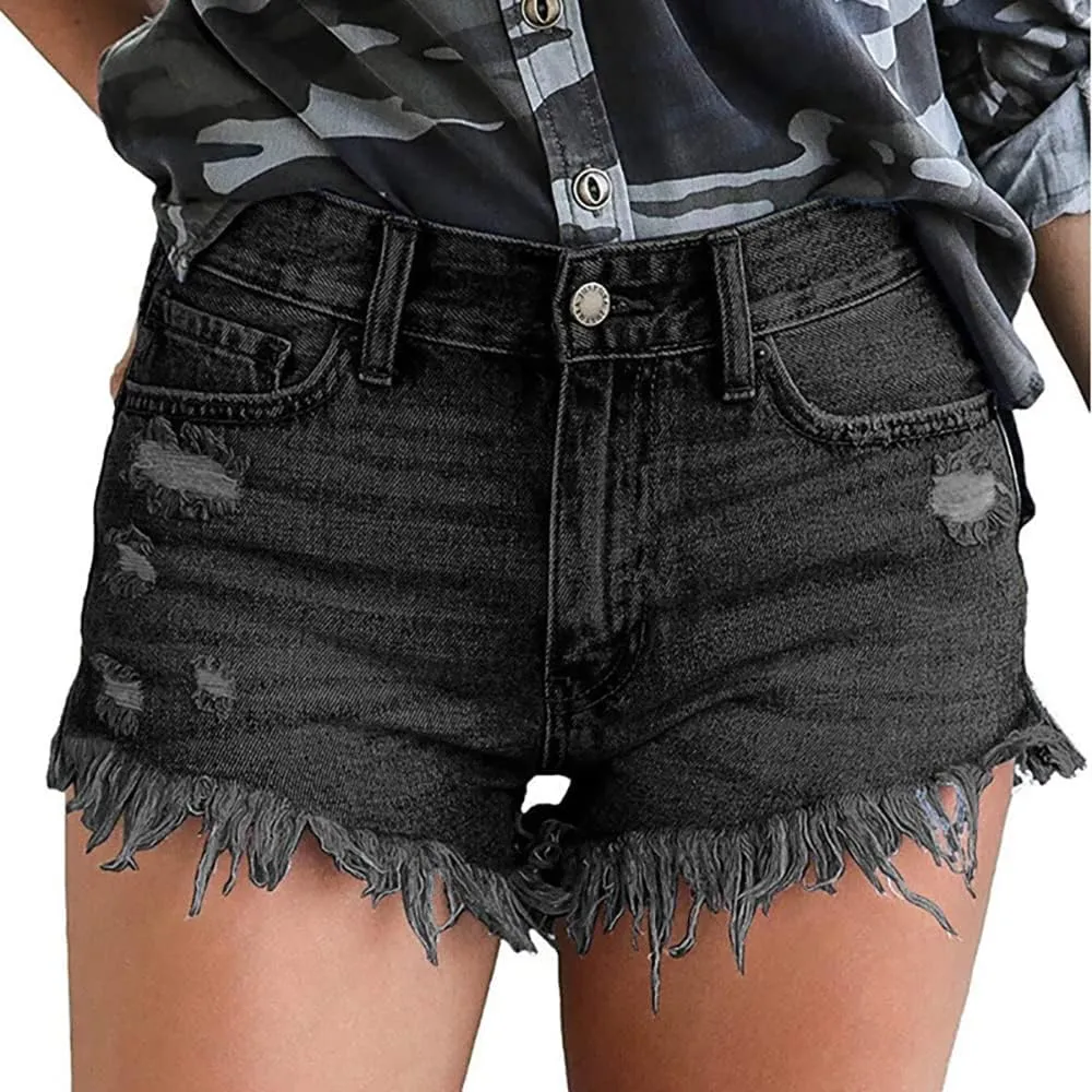 Women's Ripped Denim Shorts Summer Casual Jean Shorts High Waisted Buttons Shorts Lightweight Breathable Shorts