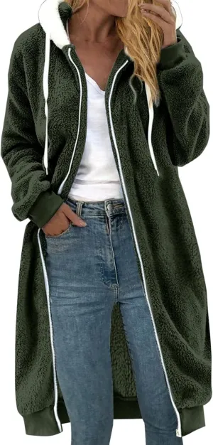 Womens Sherpa Fleece Jacket Oversize Chunky Warm Fuzzy Winter Hooded Coats Casual Medium Length Hoodies with Pockets
