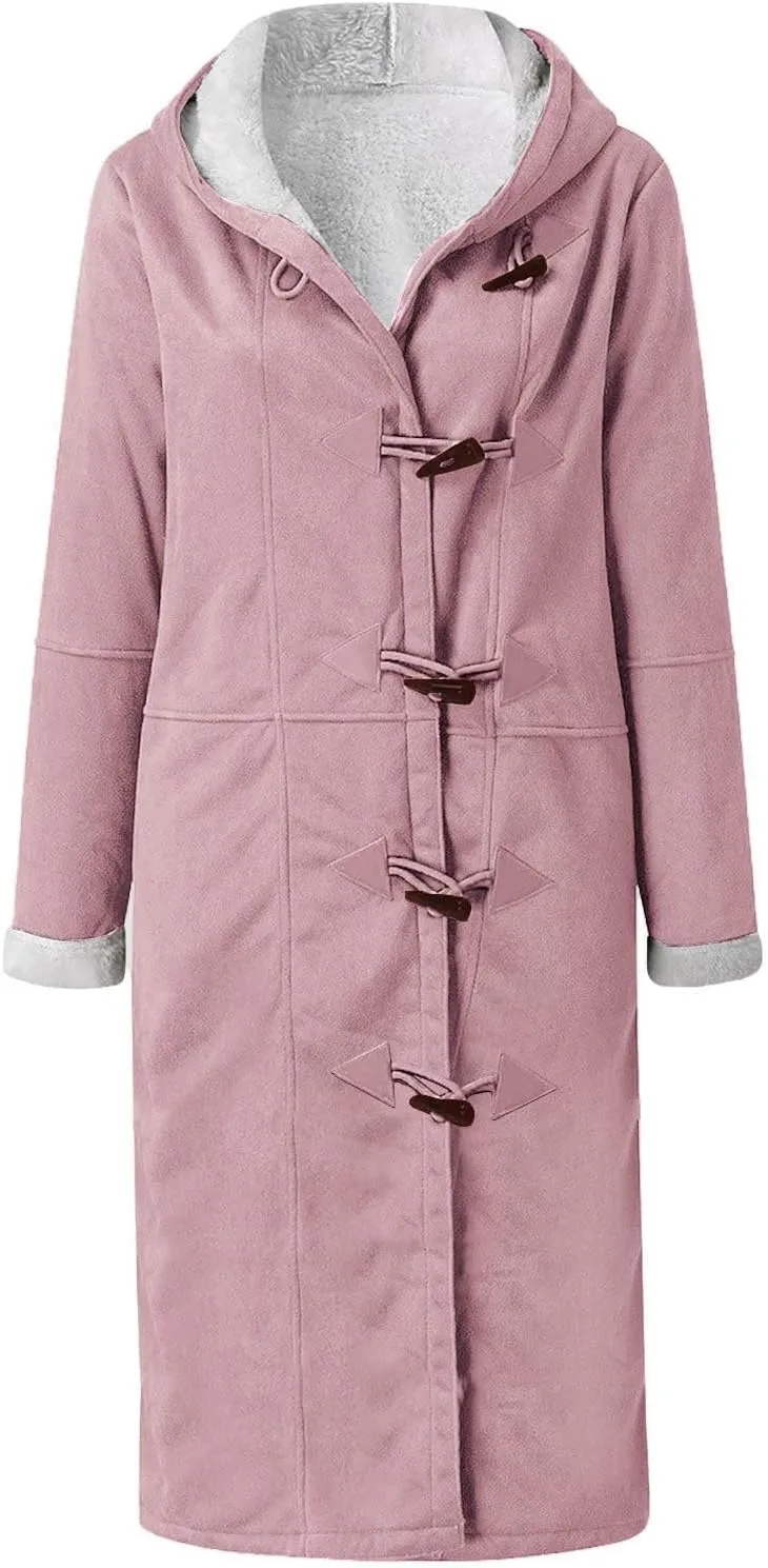 Women's Sherpa Lined Suede Overcoats Thicken Warm Fleece Horn Buttons Long Winter Coat Slim Fit Furry Hooded Jaclets