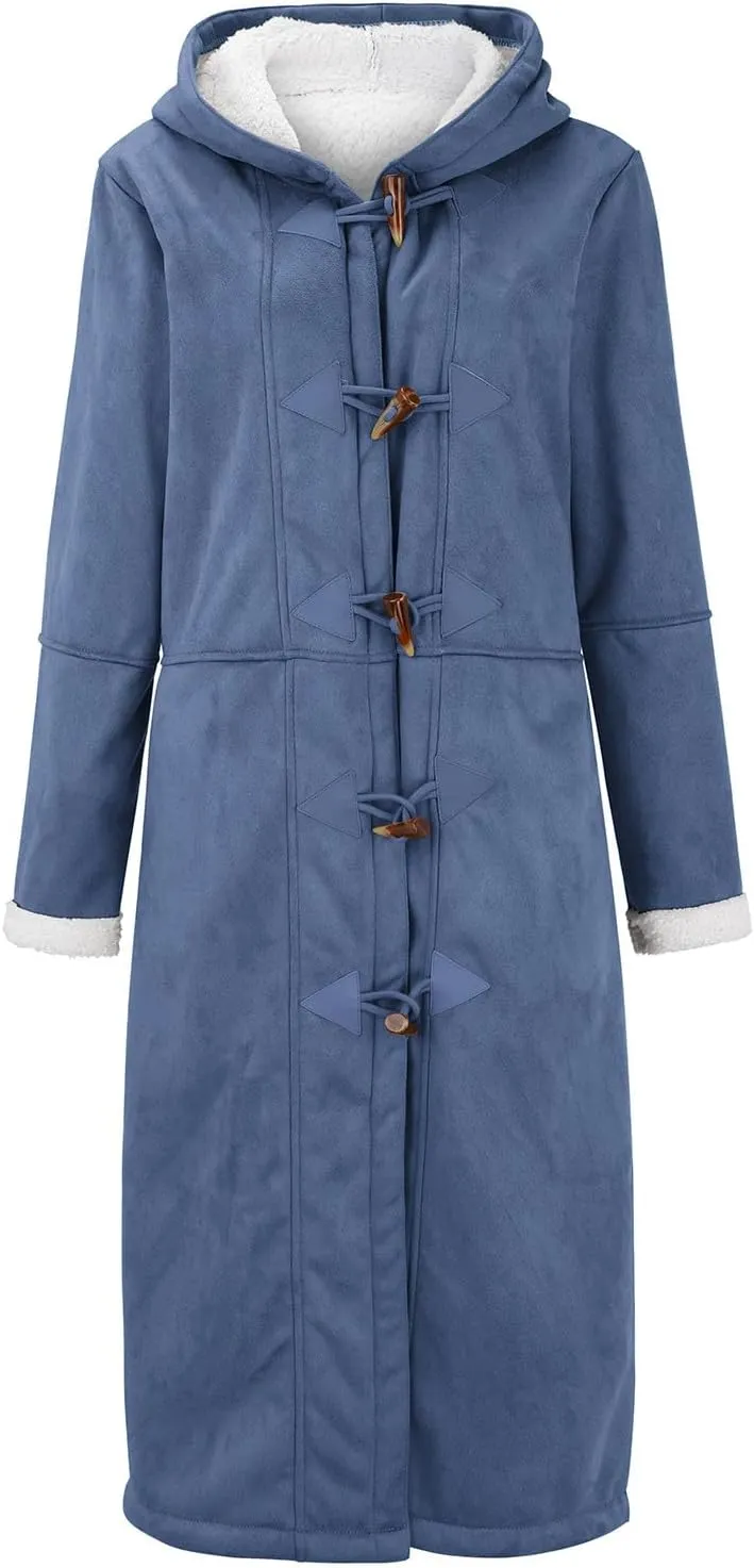 Women's Sherpa Lined Suede Overcoats Thicken Warm Fleece Horn Buttons Long Winter Coat Slim Fit Furry Hooded Jaclets