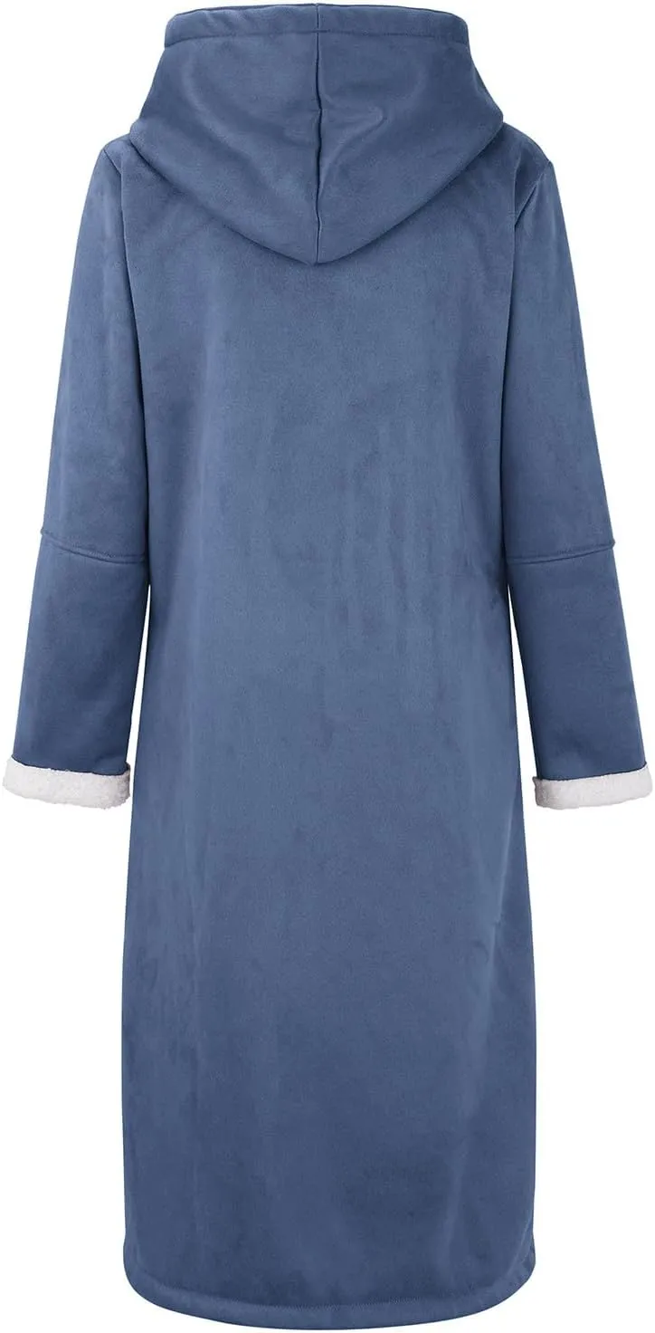 Women's Sherpa Lined Suede Overcoats Thicken Warm Fleece Horn Buttons Long Winter Coat Slim Fit Furry Hooded Jaclets