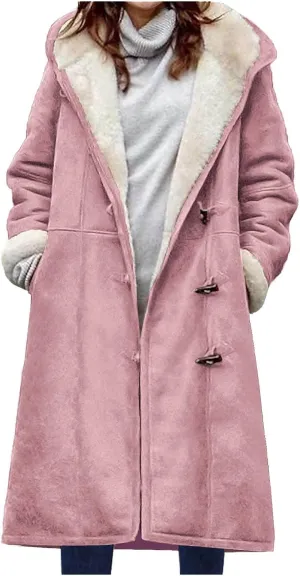 Women's Sherpa Lined Suede Overcoats Thicken Warm Fleece Horn Buttons Long Winter Coat Slim Fit Furry Hooded Jaclets