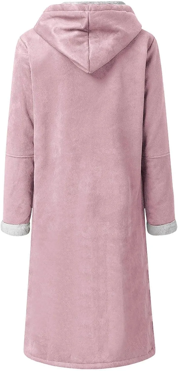 Women's Sherpa Lined Suede Overcoats Thicken Warm Fleece Horn Buttons Long Winter Coat Slim Fit Furry Hooded Jaclets