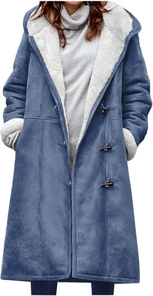 Women's Sherpa Lined Suede Overcoats Thicken Warm Fleece Horn Buttons Long Winter Coat Slim Fit Furry Hooded Jaclets