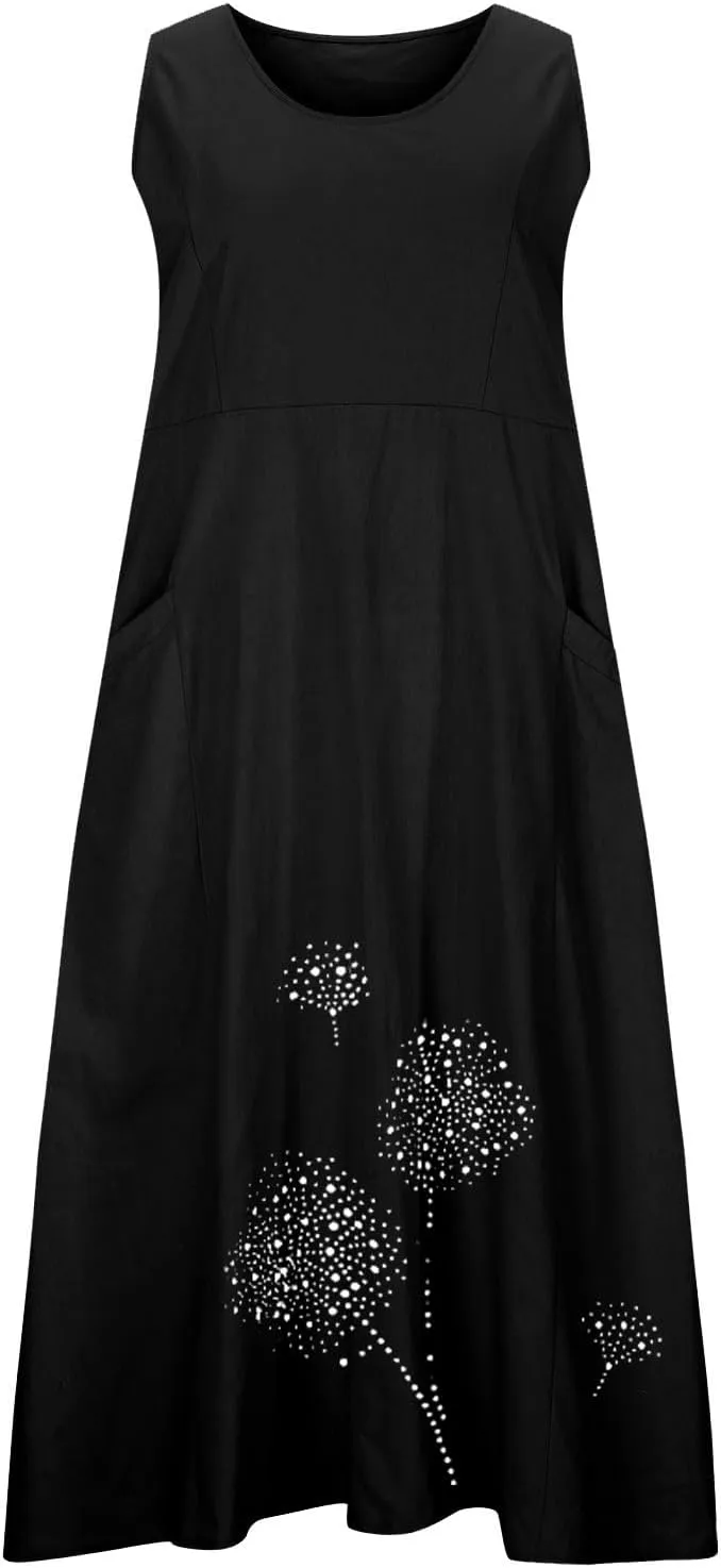 Women's Sleeveless Cotton Linen Dress Summer Beach Tank Dress Plus Size Printed Long Dress with Pockets