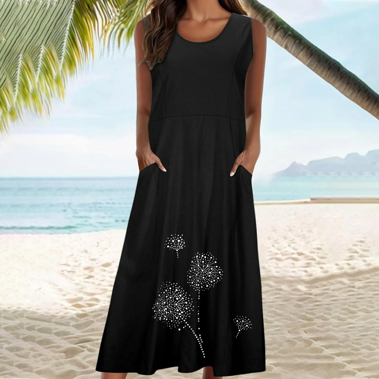 Women's Sleeveless Cotton Linen Dress Summer Beach Tank Dress Plus Size Printed Long Dress with Pockets