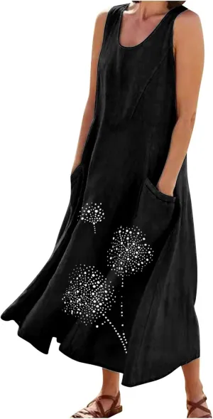 Women's Sleeveless Cotton Linen Dress Summer Beach Tank Dress Plus Size Printed Long Dress with Pockets