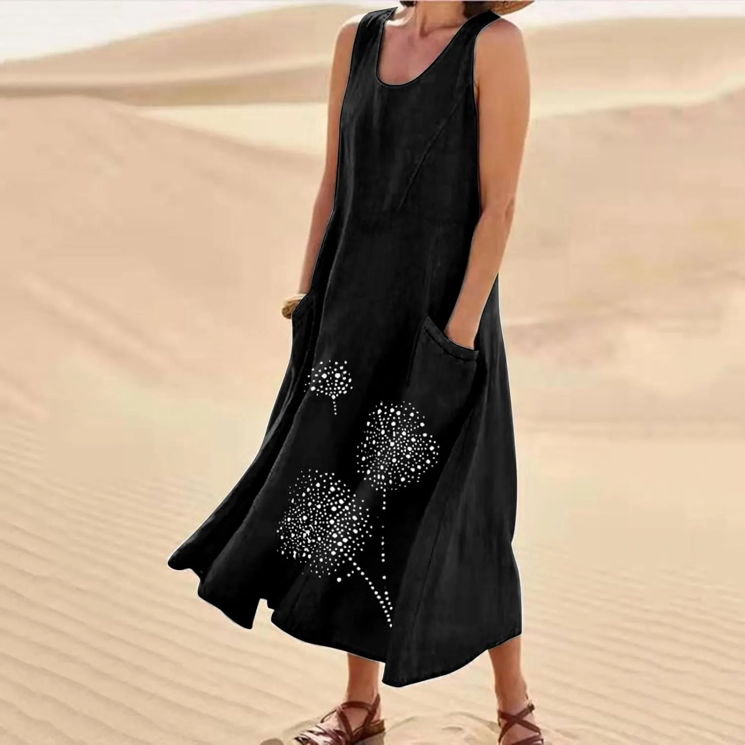Women's Sleeveless Cotton Linen Dress Summer Beach Tank Dress Plus Size Printed Long Dress with Pockets