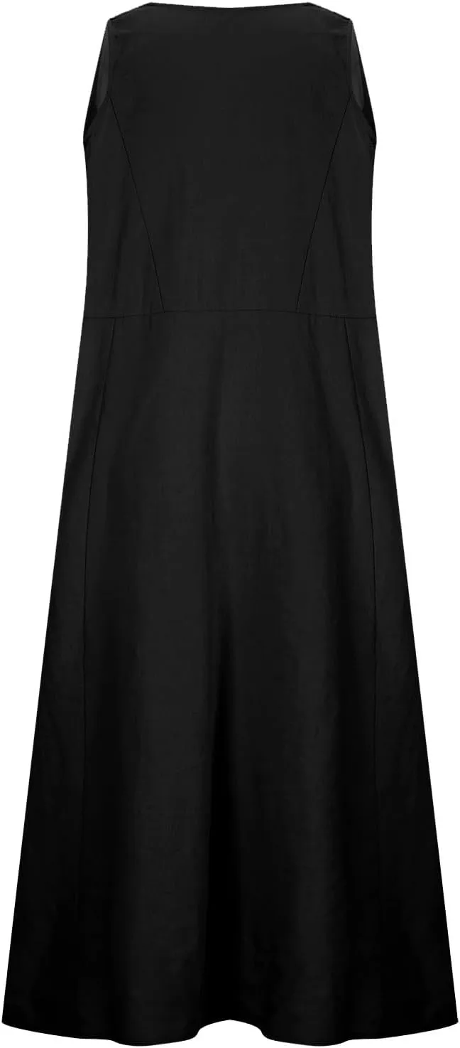 Women's Sleeveless Cotton Linen Dress Summer Beach Tank Dress Plus Size Printed Long Dress with Pockets