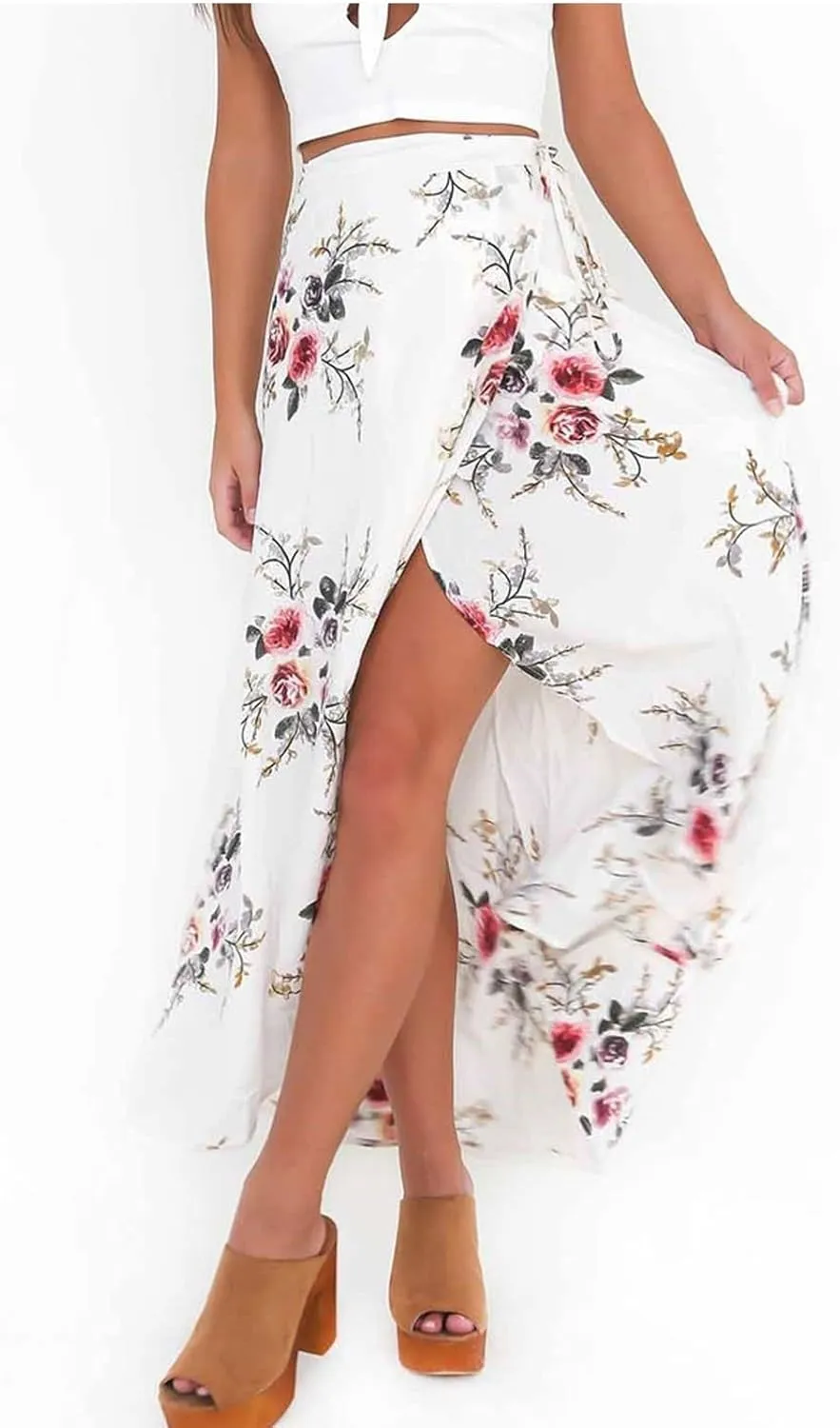 Womens Slit Skirt Floral Boho Long Skirts Tie Up Waist Summer Beach Wrap Cover Up Maxi Skirt Sexy Holiday Party Dresses