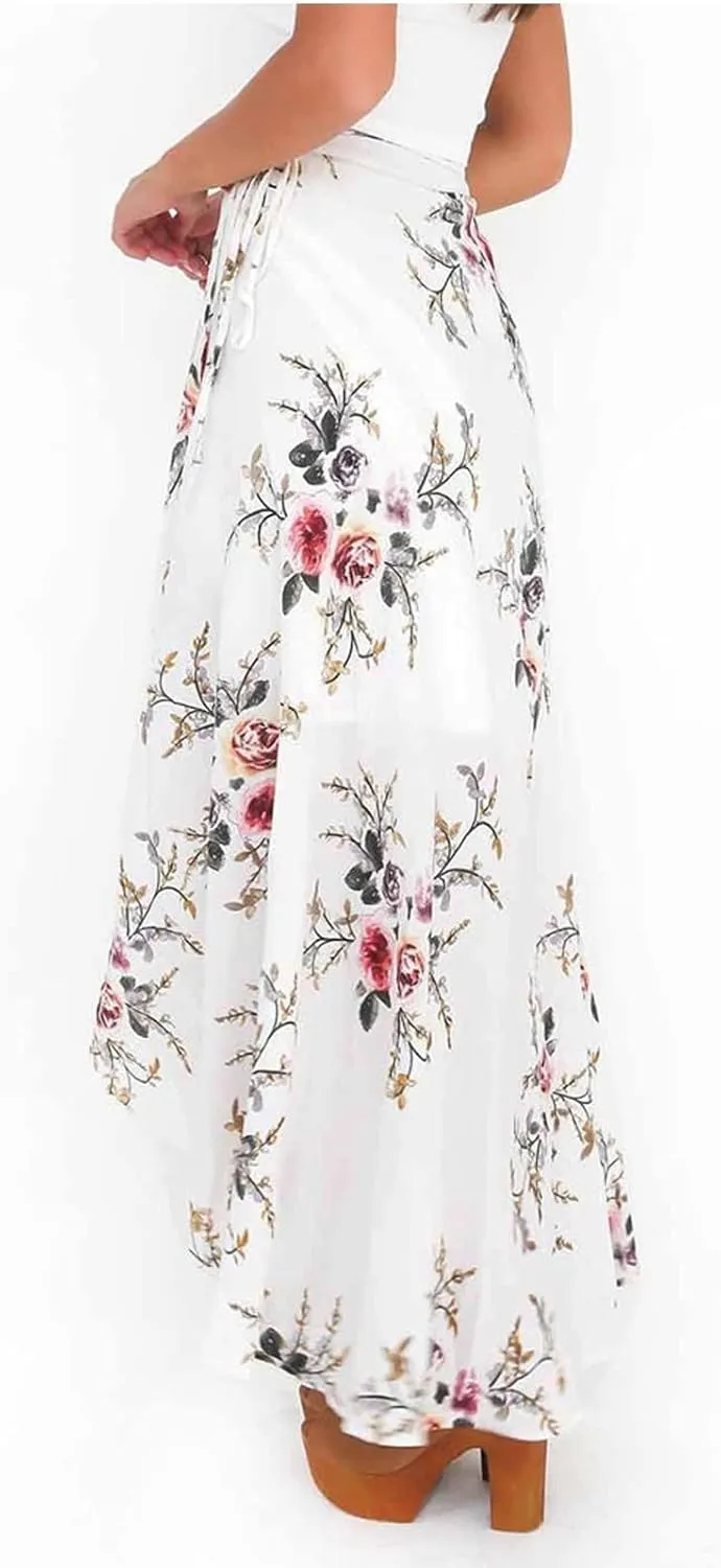 Womens Slit Skirt Floral Boho Long Skirts Tie Up Waist Summer Beach Wrap Cover Up Maxi Skirt Sexy Holiday Party Dresses
