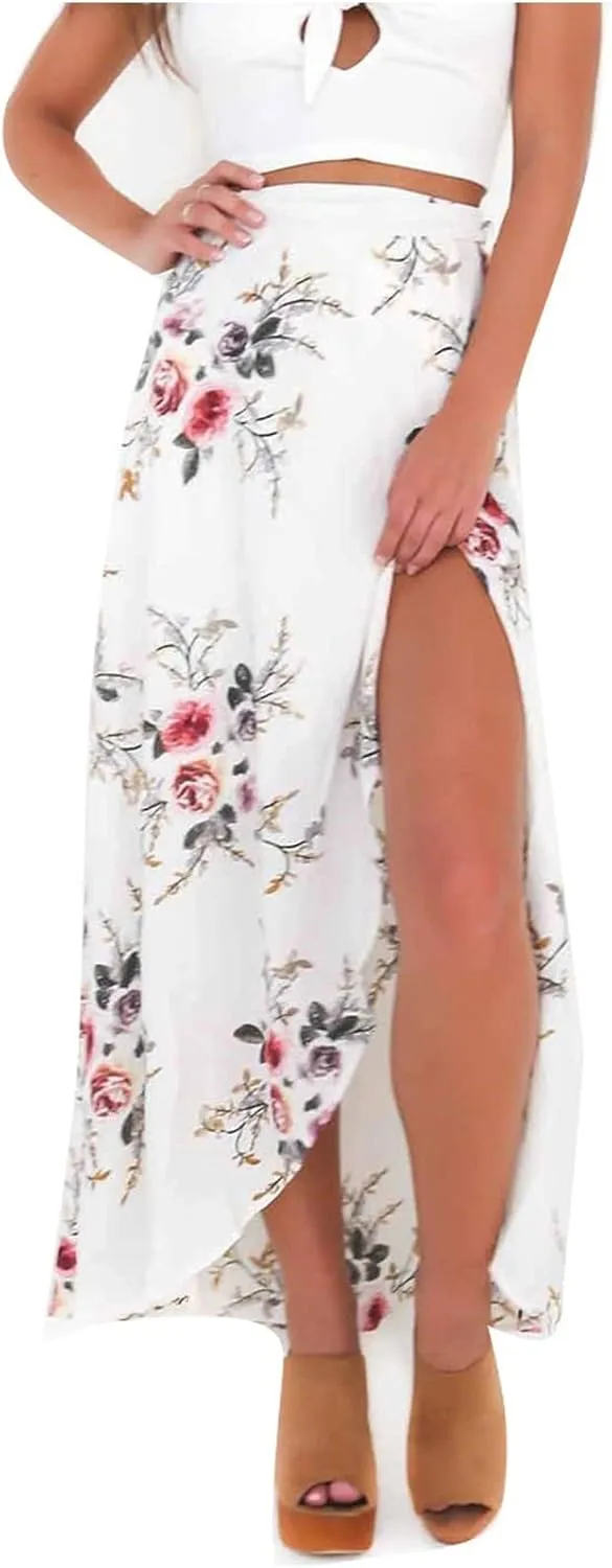 Womens Slit Skirt Floral Boho Long Skirts Tie Up Waist Summer Beach Wrap Cover Up Maxi Skirt Sexy Holiday Party Dresses