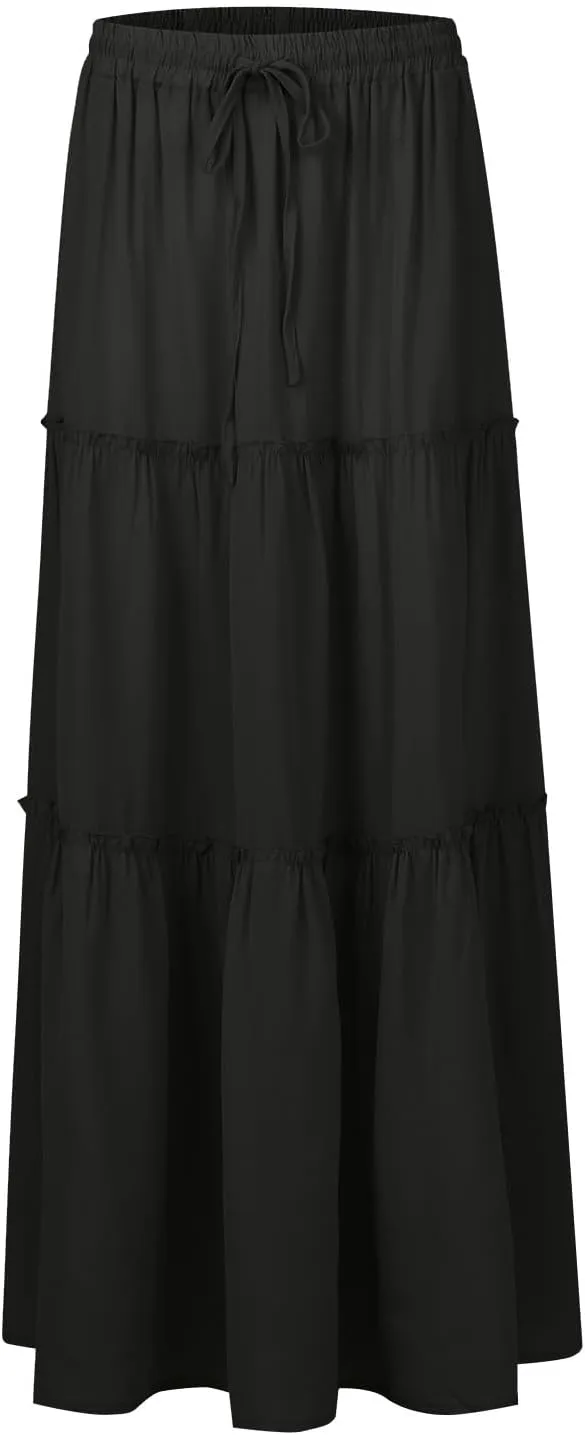 Womens Summer Boho Flowy Swing Tiered A-Line Maxi Skirt 2025 Fashion Trendy Elastic Waist Pleated Long Beach Dress