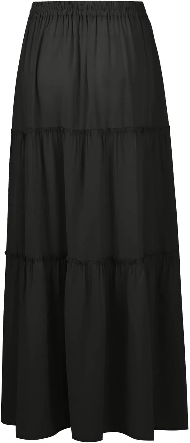 Womens Summer Boho Flowy Swing Tiered A-Line Maxi Skirt 2025 Fashion Trendy Elastic Waist Pleated Long Beach Dress