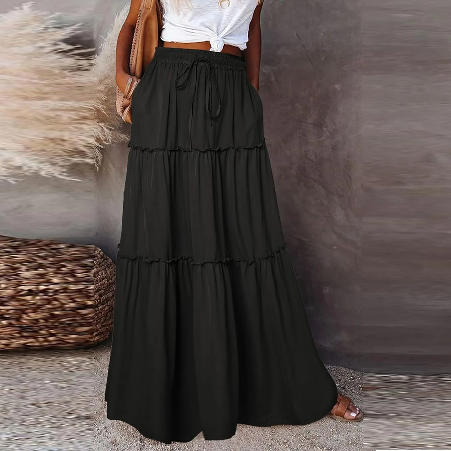 Womens Summer Boho Flowy Swing Tiered A-Line Maxi Skirt 2025 Fashion Trendy Elastic Waist Pleated Long Beach Dress