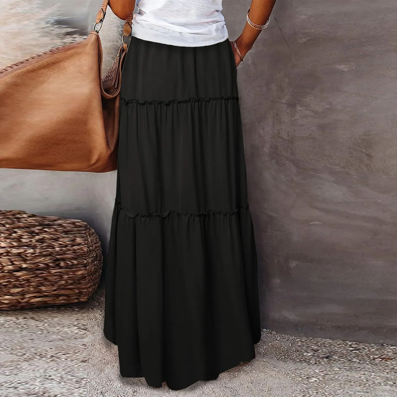 Womens Summer Boho Flowy Swing Tiered A-Line Maxi Skirt 2025 Fashion Trendy Elastic Waist Pleated Long Beach Dress