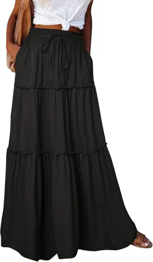 Womens Summer Boho Flowy Swing Tiered A-Line Maxi Skirt 2025 Fashion Trendy Elastic Waist Pleated Long Beach Dress