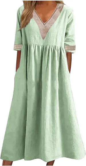 Women's Summer Casual Linen Dress Lace V Neck Half Sleeve A-Line Sundresses Pleated Flowy Loose Fit Midi Dresses