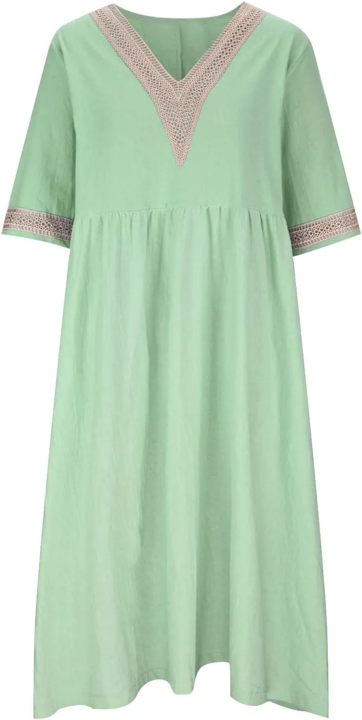 Women's Summer Casual Linen Dress Lace V Neck Half Sleeve A-Line Sundresses Pleated Flowy Loose Fit Midi Dresses