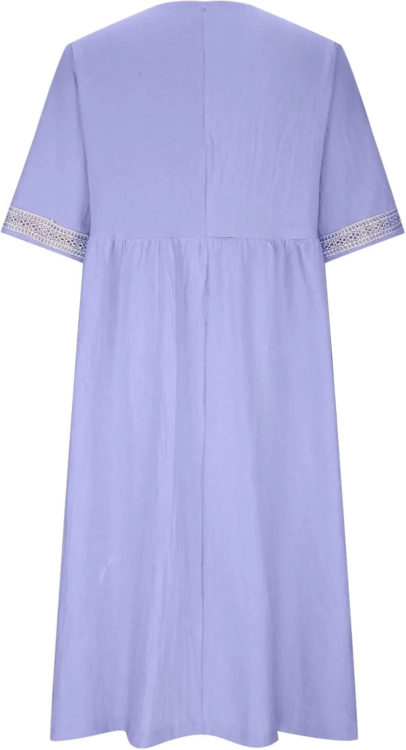 Women's Summer Casual Linen Dress Lace V Neck Half Sleeve A-Line Sundresses Pleated Flowy Loose Fit Midi Dresses