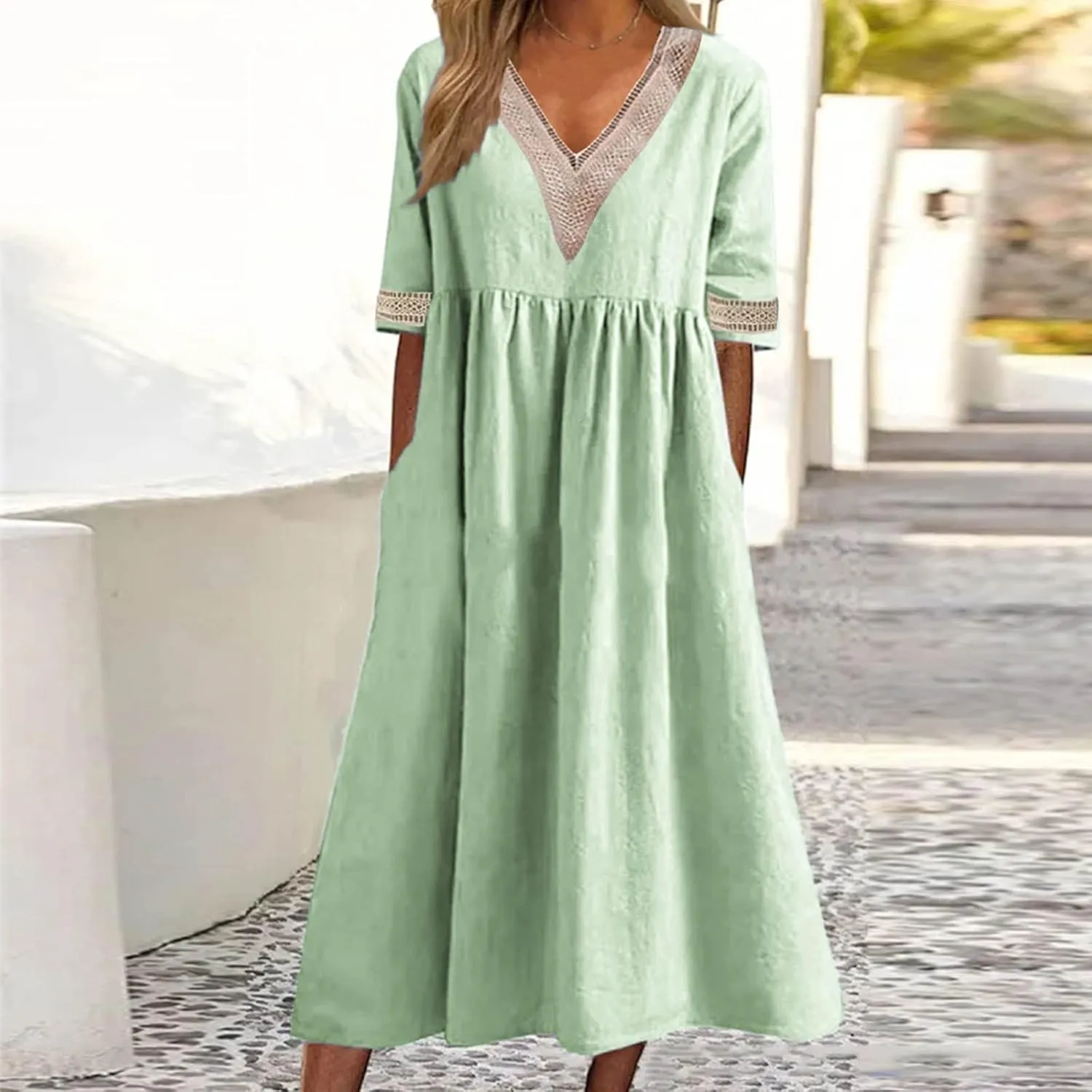 Women's Summer Casual Linen Dress Lace V Neck Half Sleeve A-Line Sundresses Pleated Flowy Loose Fit Midi Dresses