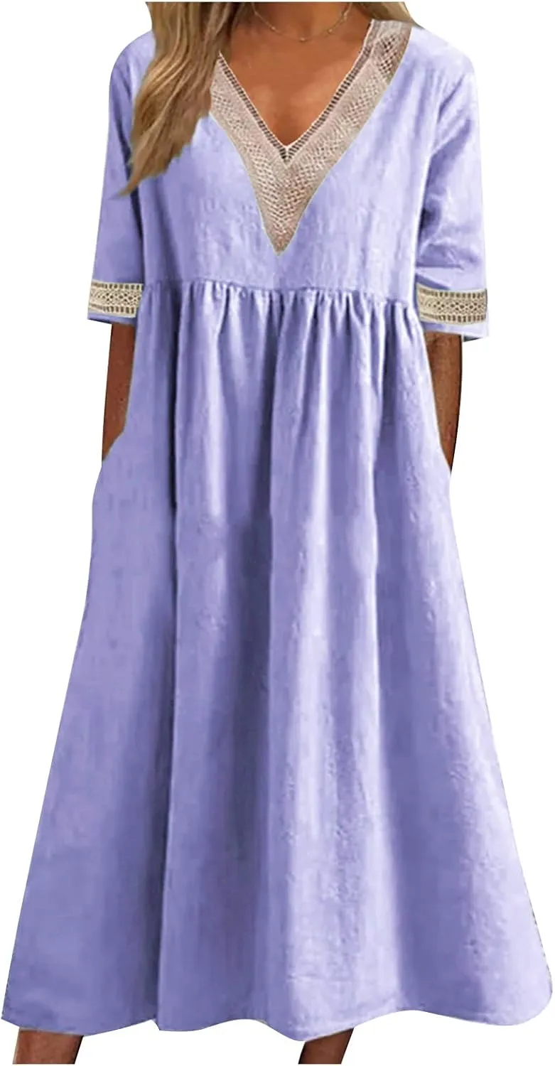 Women's Summer Casual Linen Dress Lace V Neck Half Sleeve A-Line Sundresses Pleated Flowy Loose Fit Midi Dresses