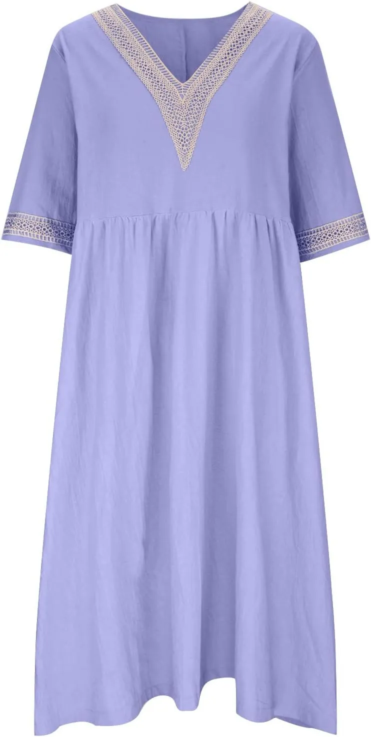 Women's Summer Casual Linen Dress Lace V Neck Half Sleeve A-Line Sundresses Pleated Flowy Loose Fit Midi Dresses