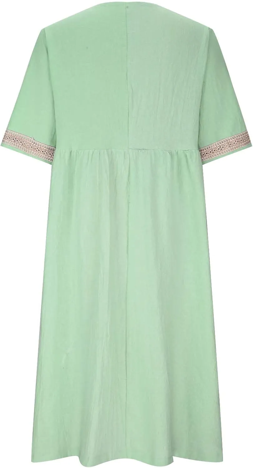 Women's Summer Casual Linen Dress Lace V Neck Half Sleeve A-Line Sundresses Pleated Flowy Loose Fit Midi Dresses