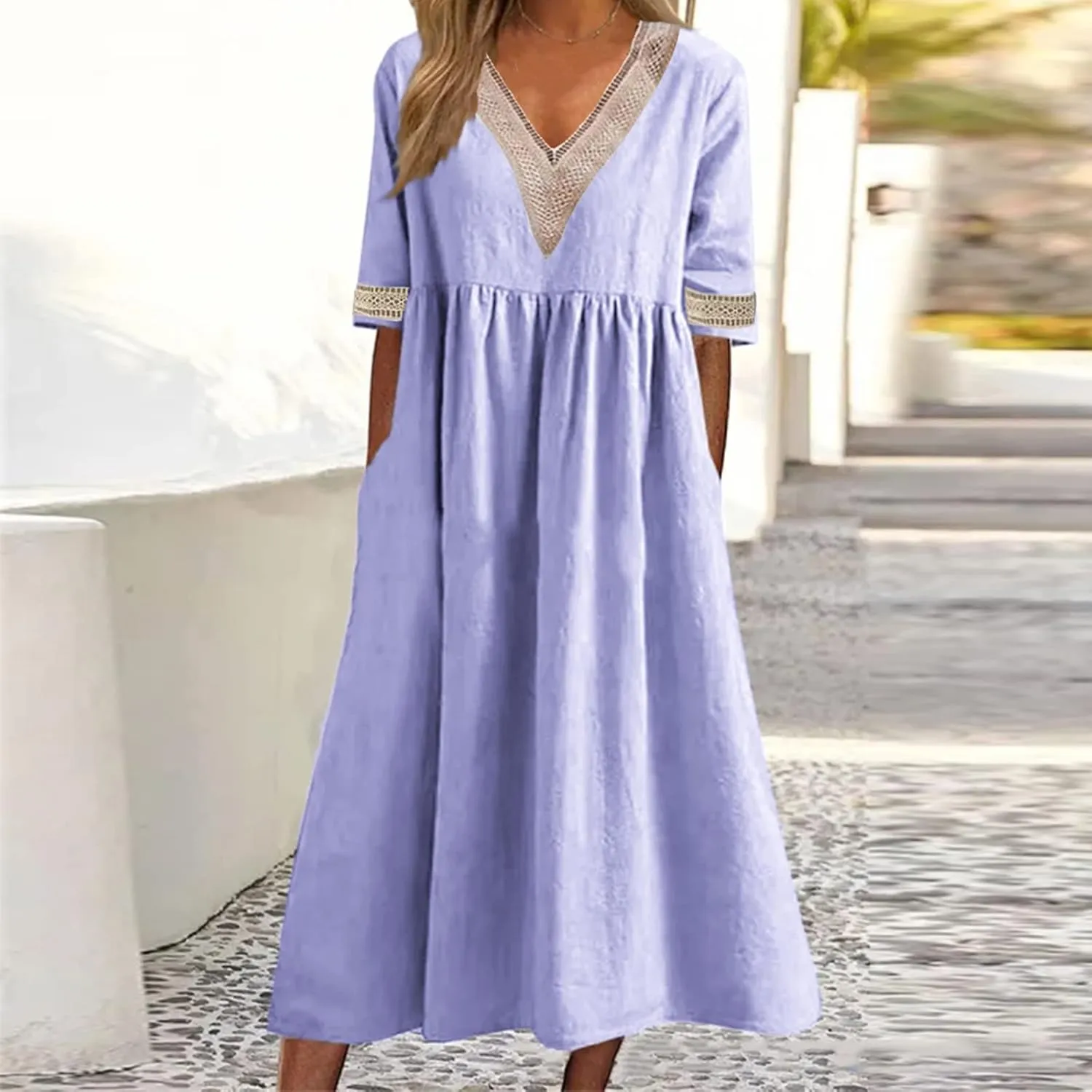 Women's Summer Casual Linen Dress Lace V Neck Half Sleeve A-Line Sundresses Pleated Flowy Loose Fit Midi Dresses