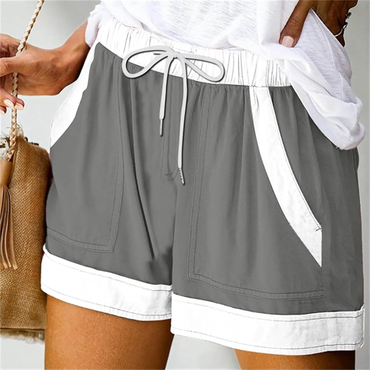 Women's Summer Casual Shorts Elastic Drawstring High Waist Straight Leg Lounge Shorts with Pockets Beach Outfits