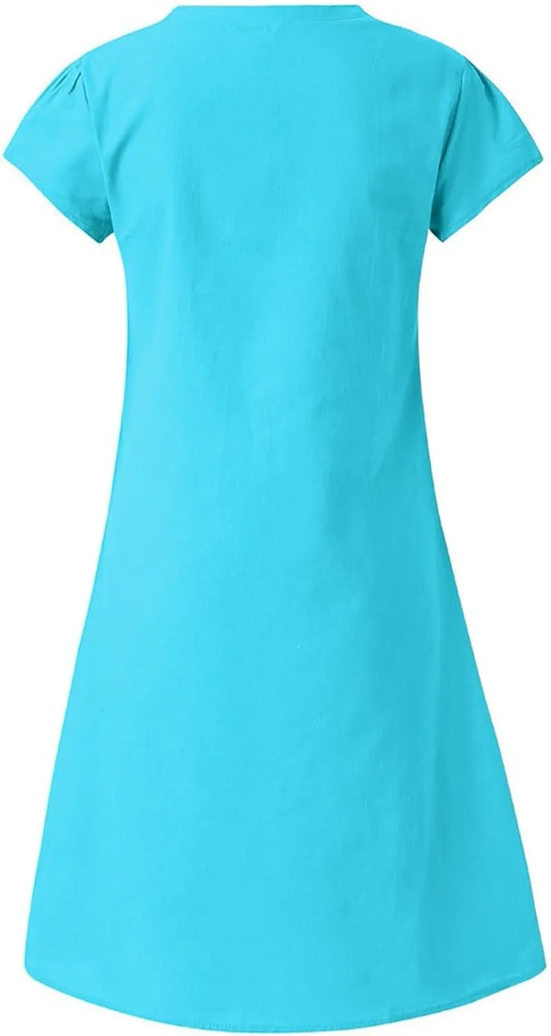 Womens Summer Cotton Linen Dress Loose Casual Short Sleeve V-Neck T-Shirt Dresses Beach Vacation Plus Size Dress