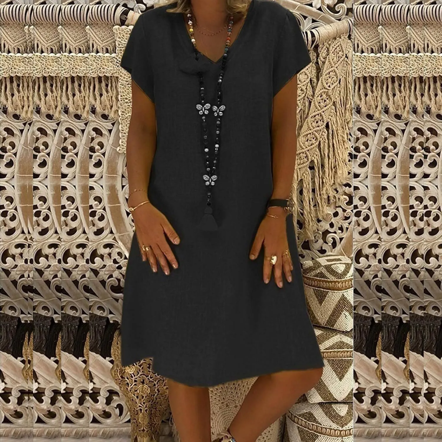 Womens Summer Cotton Linen Dress Loose Casual Short Sleeve V-Neck T-Shirt Dresses Beach Vacation Plus Size Dress