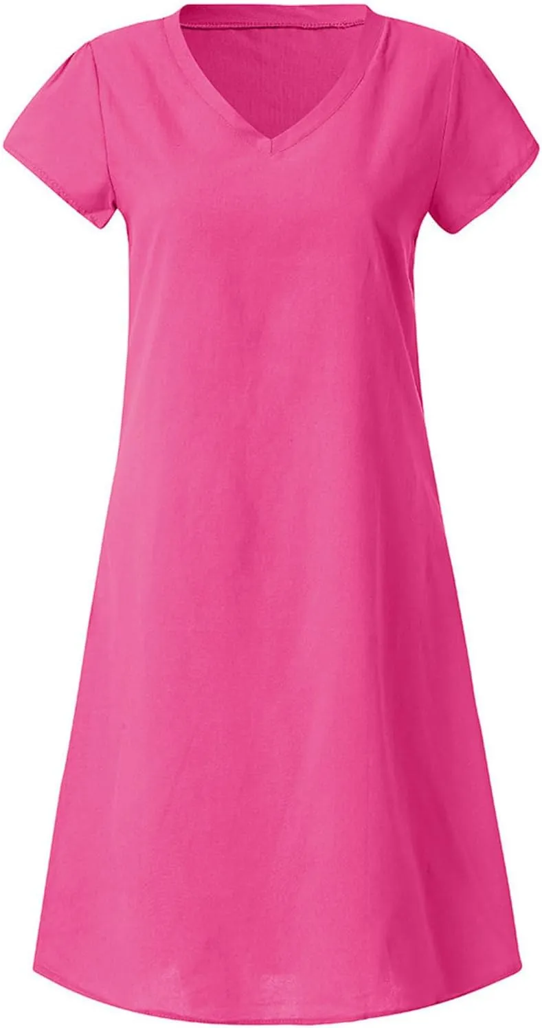 Womens Summer Cotton Linen Dress Loose Casual Short Sleeve V-Neck T-Shirt Dresses Beach Vacation Plus Size Dress
