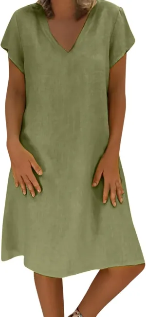 Womens Summer Cotton Linen Dress Loose Casual Short Sleeve V-Neck T-Shirt Dresses Beach Vacation Plus Size Dress