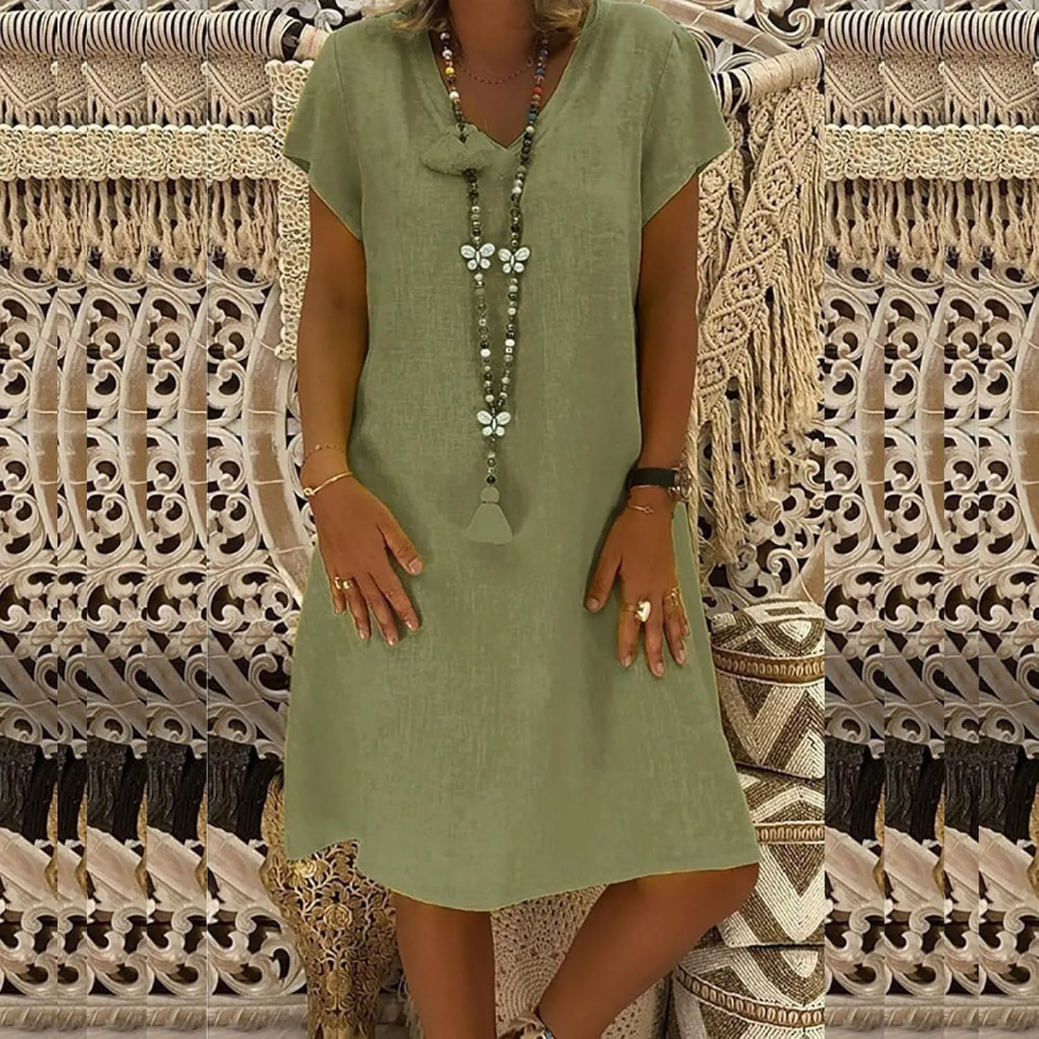 Womens Summer Cotton Linen Dress Loose Casual Short Sleeve V-Neck T-Shirt Dresses Beach Vacation Plus Size Dress