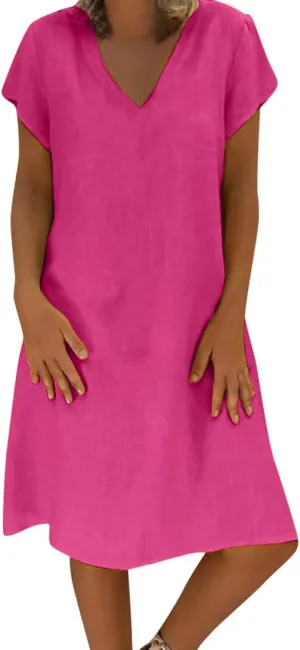 Womens Summer Cotton Linen Dress Loose Casual Short Sleeve V-Neck T-Shirt Dresses Beach Vacation Plus Size Dress