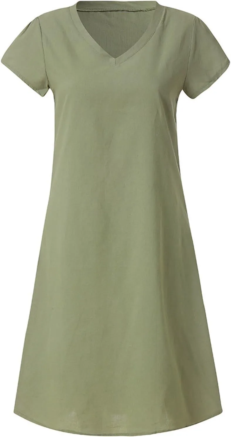 Womens Summer Cotton Linen Dress Loose Casual Short Sleeve V-Neck T-Shirt Dresses Beach Vacation Plus Size Dress
