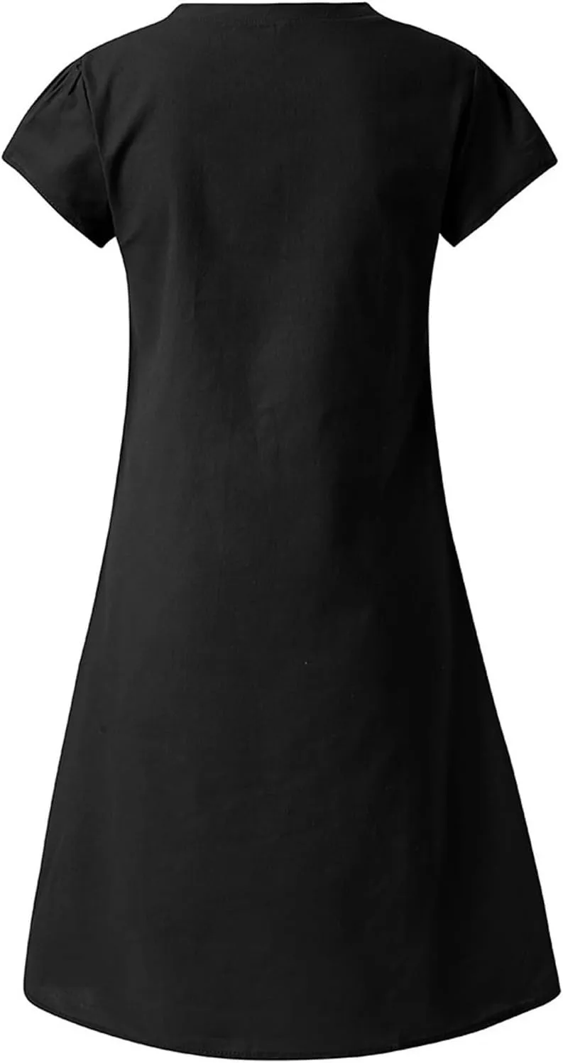 Womens Summer Cotton Linen Dress Loose Casual Short Sleeve V-Neck T-Shirt Dresses Beach Vacation Plus Size Dress