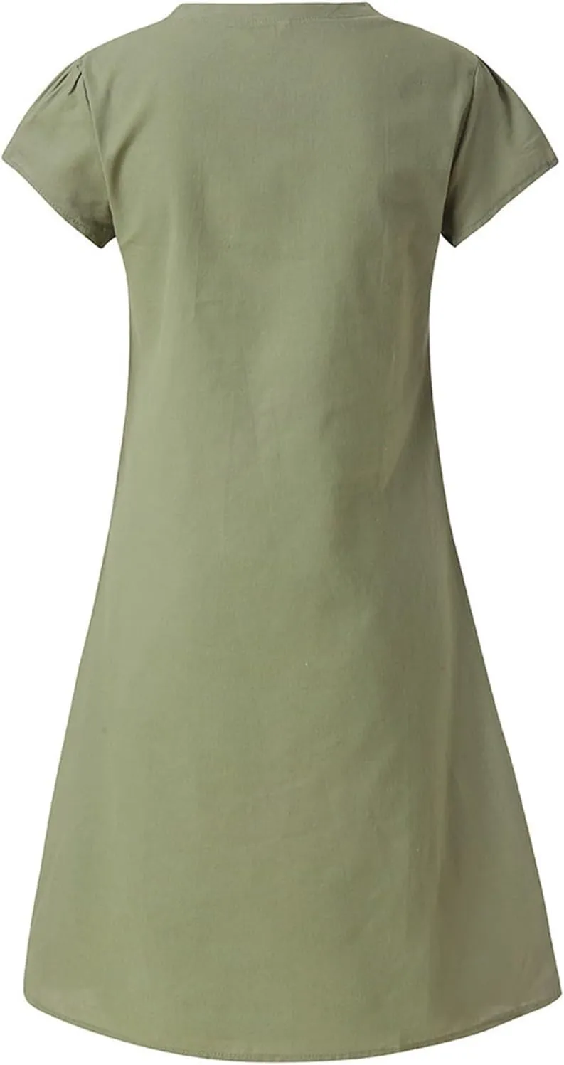 Womens Summer Cotton Linen Dress Loose Casual Short Sleeve V-Neck T-Shirt Dresses Beach Vacation Plus Size Dress